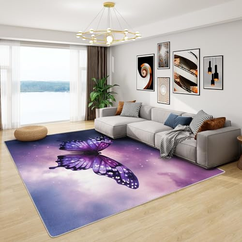 Teppich Schmetterling Kinderzimmer - Teppich Wohnzimmer Schlafzimmer Schmetterling Lila, Kleiner Teppich Mädchen Schmetterlinge, Weich Kurzflor & Waschbar & Rutschfest Fussmatte Innen, 80x150 cm