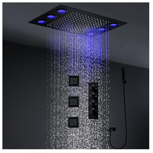 SWHC Duschsystem mit Thermostat 64 Farben LED Ausgestattet mit 3 PCS 4 Zoll KöRperdüSen Duscharmatur Komplettset mit Badewannenarmatur und Handbrause 500 * 360mm Unterputz Duscharmatur Set Schwarz