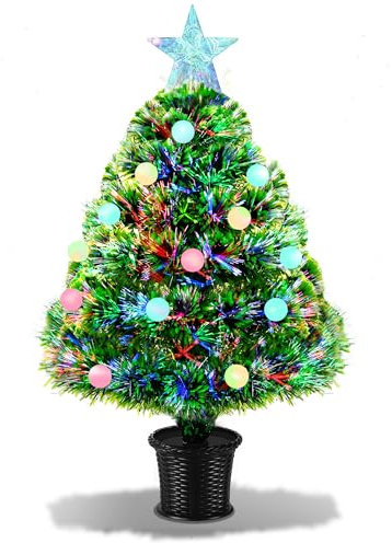 54cm Small Christmas Tree Fiber Optic Ball Lighted,Battery Pre-Lit Artificial Christmas Tree with Star Topper, Mini Tabletop Christmas Tree Ball Xmas Tree Multi Lights,Battery/USB Operated
