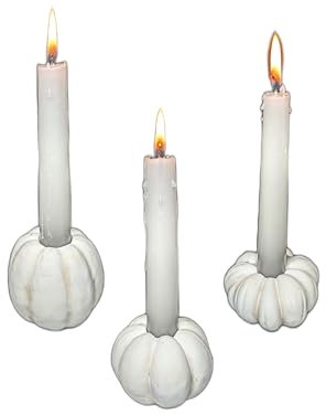 Schmucks HOME Kürbis Deko 3X Kerzenhalter Stabkerzen Herbstdeko Weiß Grau