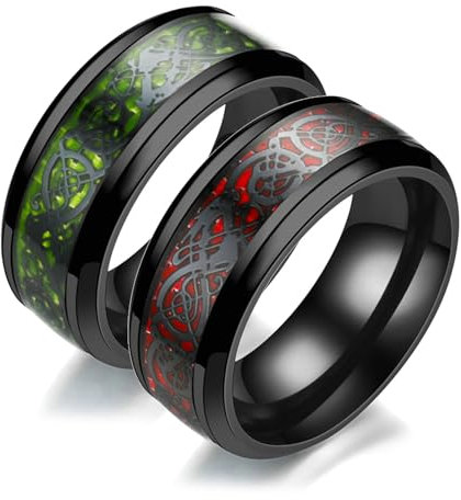Beydodo Eheringe Paarpreis mit Gravur, Verlobungsringe Edelstahl 8MM Keltische Drachen mit Kohlefaser Trauringe Paar Ringe Set Rot Gr.55 (17.5) + Grün Gr.60 (19.1)