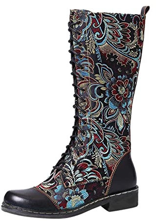 Stivali Stile per Stivali da Donna Stivali Lunghi da Donna Etnici Stivali Stivali Stivali da Moto Stivali da Donna Vintage Ricamati Stivali Alti Risvolto