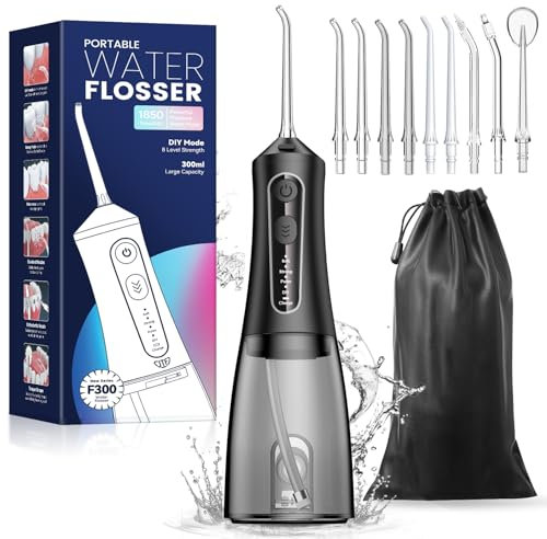 JTF Munddusche Kabellos, Elektrische Zahnreiniger Tragbar Waterflosser 5 Modi & 9 Düsen Wiederaufladbare, IPX7 Wasserdicht Munddusche Testsieger für Reinigung auf Reisen (Schwarz)