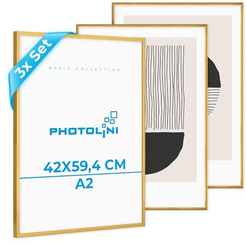 PHOTOLINI Bilderrahmen A2 Gold, 3er Set schmale Kunststoff A2 Bilderrahmen 42x59,4 mit bruchsicherem Acrylglas, Frames zum Aufhängen & Zubehör - 42x60 Dokumentenrahmen Urkunden Zertifikate & Fotos