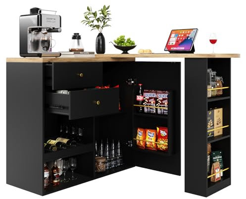 DRIXNO Um 360° drehbare Essbar (138cm – 105x39 x102 cm), mit 2 Schubladen und Schiebetürschrank, 3 Ebenen offener Stauraum, geeignet für Esszimmer/Arbeitszimmer/Wohnzimmer usw