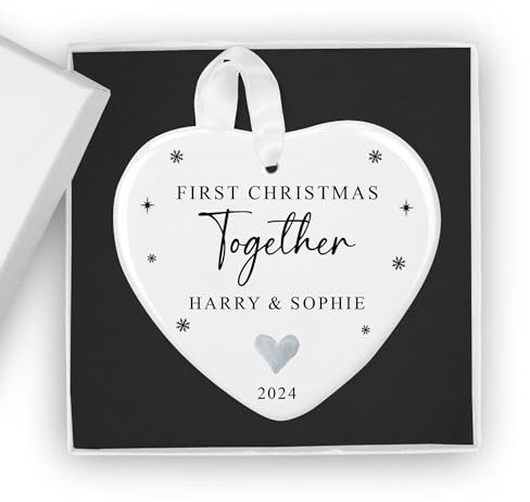 First Christmas Together Personalised Bauble with Gift Box - Custom 1st Xmas Tree Ornament - Keepsake Gift for New Couple, Girlfriend, Boyfriend, Him or Her (Heart)