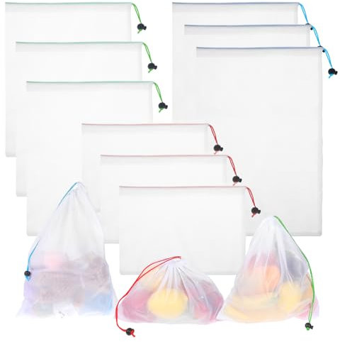 KALIONE 9Pcs Reusable Produce Bags Mesh Grocery Bag Drawstring Netted Mesh Bags for Fresh Vegetable, See Through Mesh Produce Bags for Storage Fruit Vegetable(30 * 20,30 * 36,30 * 44cm)