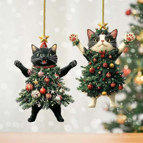 2 Stück Katzenschmuck Für Den Weihnachtsbaum, Schwarze Katze Weihnachtsschmuck, kleine Weihnachtskätzchen-Anhänger Für Tasche, Weihnachtsbaum-Hängeanhänger,Kreatives Auto-Rückspiegel-Rucksack-Zubehör