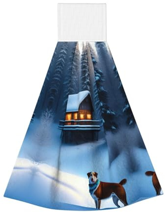 Holzhaus und Hund im Schnee Korallen-Samt-Handtücher – Hängende Handtücher für Küche, Bad, Camping, Outdoor & mehr – saugfähige Geschirrtücher
