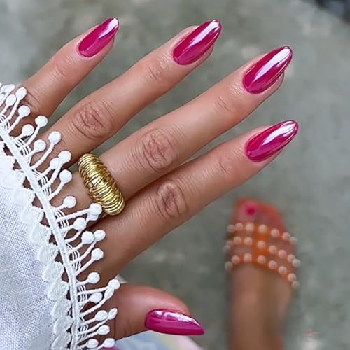 SXVME Chrome Hot Pink False Nails Medium, Glitter Pink Press On Nails Summer, Bling Glazed Gel Fake Nails Press on, Medium Round Stick on Nail for Women Holiday Wedding