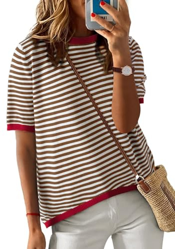 PASUDA Kurzarm T-Shirt Damen Sommer Casual Rundhals Strickpullover Oberteile Bequem Lose Gestreiftes Tshirt Damen Bluse Top