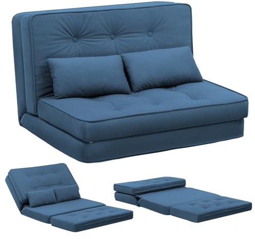 COMHOMA Sofa Couch Schlafcouch Klein Bed 2er Mini Bettsofa 6-Stufig Verstellbare Rückenlehne, Wohnzimmer, Schlafzimmer und Camping, Blau