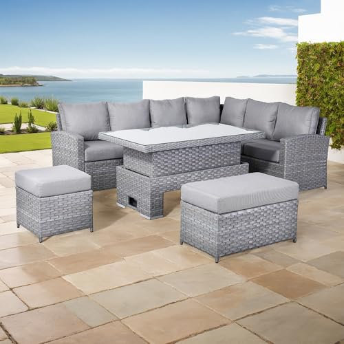 Club Rattan Garden Rattan furniture Isobella High Back Corner Sofa with Rising Table, L Shaped Sofa For Patio,Wicker Patio Conversation Set (Slate Grey, Right hand corner)