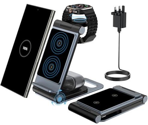 Wireless Charger for Samsung 3 in 1 Wireless Charging Station Foldable Wireless Charger Stand for Samsung S25 Ultra S24 S23 S22 Z Flip Z Fold 6 5 for Galaxy Watch 7/6/5/4 for Galaxy Buds Matte black