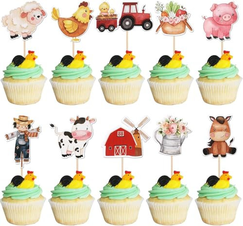 40 Stück Bauernhof Tier Cupcake Toppers Bauernhoftier Tortendeko Schwein Kuh Schaf Kuchen Deko für Bauernhof Tier Thema Baby Dusche Scheunenhof Geburtstag Party Cupcake Dekorationen
