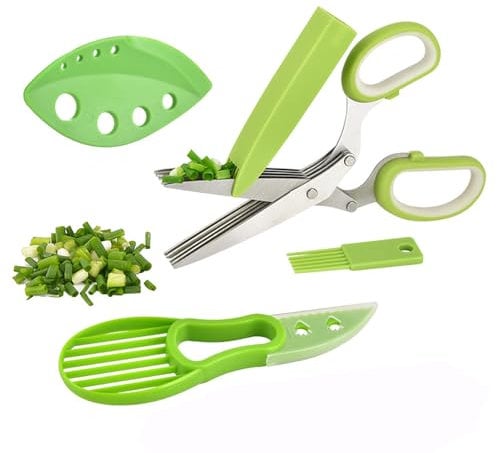 Herb Scissors Four Piece Suit, Herb Scissors Kitchen, Chive Scissors, Stainless Steel Kitchen Scissors, 5 Blades, with Cleaning Comb, Safety Cover and Scraper Holes, for Vegetables, Parsley, Coriander