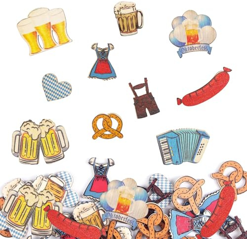 KOBOKO 50 Stück Streudeko Oktoberfest Deko Konfetti Holz,Bayerische Streudeko Tischdeko,Edelweiß Bier Dirndl Brezel Lederhose Oktoberfest Tischdeko,Confetti für Bayrische Oktoberfests Tischdekoration