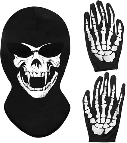 MUNSKT Halloween Skelett-Kopf Gesichtsmaske und Handschuhe Halloween Tanzkostüm Party für Erwachsene, Winter Warme Mitten Cosplay Kostüm.