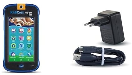 VTech - KidiCom Max 3.0 Bleu, 3 Ans à 8 Ans - Contenu en Français + Adaptateur Secteur Chargeur USB-C
