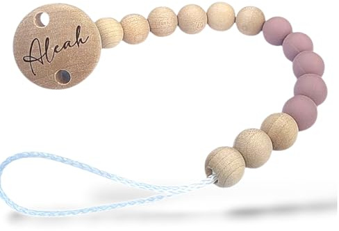 Schnulliniband mit Namen Clip mit gravur Holz Silikon | Mädchen Namenskette (Mauve/Natur)