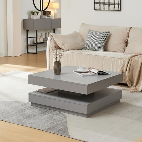 [en.casa] Couchtisch Florenz Wohnzimmertisch quadratisch 76 x 76 x 38 cm Sofatisch mit Stauraum Kaffeetisch drehbare Tischplatte Hellgrau