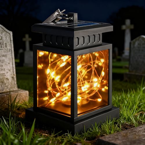 Grablaterne Friedhof Wetterfest, Grablicht Led Solarbetrieben, Grablicht Solar Wetterfest Mit Krokodilklemme/Haken, Kerzenlaterne Garten Draußen Windlicht Drinnen Gartenlaterne Weihnachtstag (B)