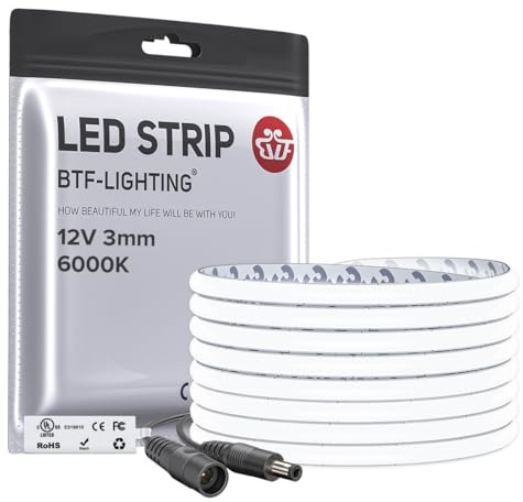 BTF-LIGHTING 3mm Ultra-Schmale FCOB COB LED Streifen 6000K Kaltweiß 5M 12V | 400LEDs/m CRI>90 Gleichmäßiges LED-Leiste Für Küche Unterschrank, Schlafzimmer, Schrank, Regal Beleuchtung
