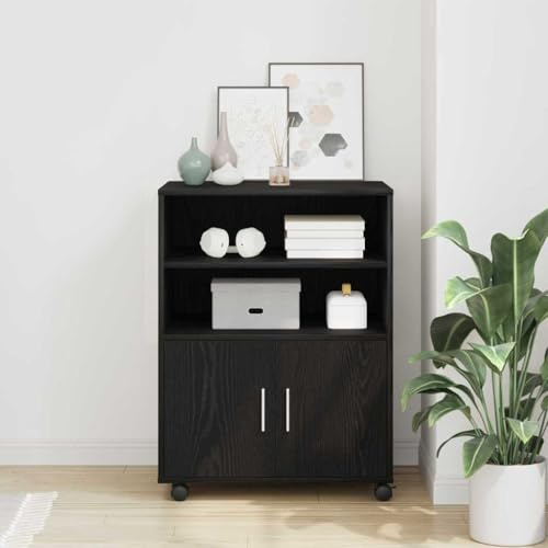 Fangmaliuyun Büroschrank Rollcontainer in Schwarz Eichen-Optik 60x48x81 cm Holzwerkstoff mit 4 Rollen und 2 Türen Moderner Aktenschrank für Büro Home Office und Arbeitszimmer