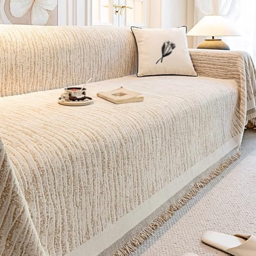 ZJIQOH Couch Überzug L Form Chenille mit Quaste, Sofaüberwurf Große und Vielseitige, Sofaschutz für 1/2/3/4 Sitzer Ecksofa Ganzjährig Nutzbar(Light Brown,180 x 340 cm)