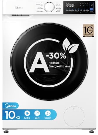 Midea Waschmaschine 10 kg EEK A-30% BLDC Inverter Motor weiß MFV5EW100WBA30 | V5 Series, 1400 U/min, Steam Wash, 15/45 Min Schnellwäsche, Turbo Wash, Woolmark & Outdoor, App-Steuerung