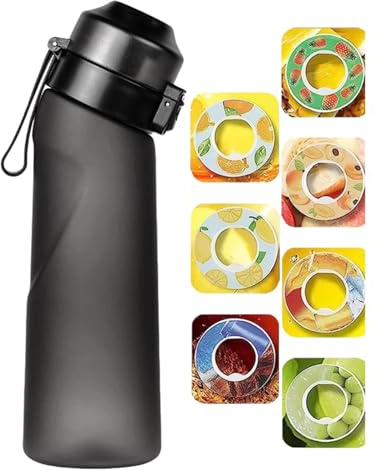 QINGFENGYI Gourde Sport-650ml Étanches Gourde Paille,7 Capsules Aromatisées,Pods Parfumés Pour Eau Aromatique 0 Sucre,idéale Pour L'école,La Salle De Sport, Les Voyages Gym (Black)
