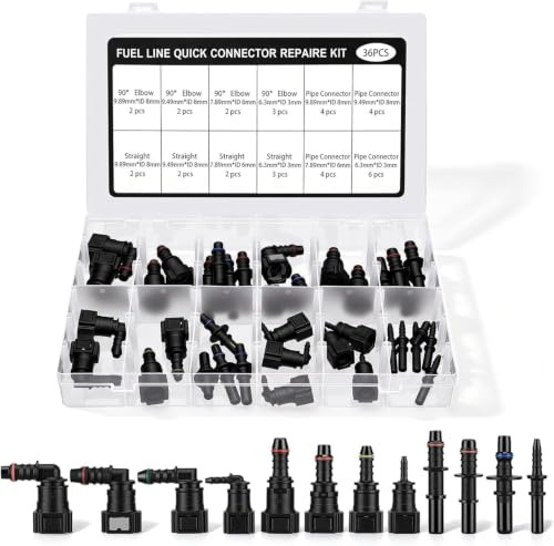 Raccords Rapides Carburant 36p, Raccord Durite Essence 9,89/9,49/7,89/6,3mm | Kit tuyau carburant avec coudes droit & 90°. Lot raccord rapide pour tuyau de carburant. Pour auto, moto, bateau