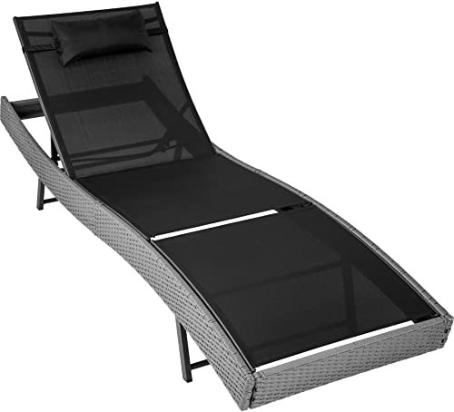 TecTake® Tumbona Jardín Exterior de Ratán y Acero, Forma Curva, Tumbona de Piscina con Cojín y Respaldo Regulable en 5 Posiciones, Tumbona Playa Resistente a Intemperie, Fácil Limpieza - Gris
