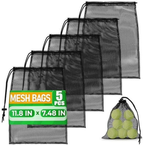 Small Mesh Bags Drawstring Black 5Pcs 11,8x7,48'' – Strong, Lightweight, Breathable Mesh Bag with Lock, Quick-Dry and Tear-Resistant – Easy to Tighten and Adjust for Travel, Swimming & Ball Storage
