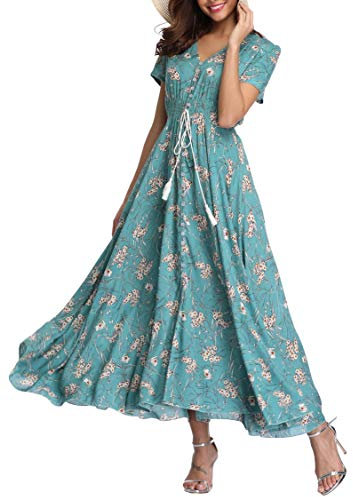 VOGMATE Femme Robe Chic Longue Col V à Fleur Manches Courtes en Coton Robe Maxi de Plage D'été Casual (S-2XL)
