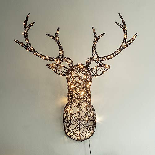 Lights4fun 84cm LED Studley Rattan Rentier Kopf Hirschgeweih Weihnachtsbeleuchtung Außen und Innen Weihnachtsfigur Wanddeko