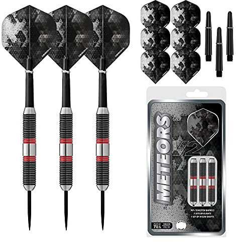 Designa D8650 Meteors | 48 g Premium 90% Wolfram Heavy Barrel Steel Tip Dart Set mit Ringgriff inkl. Flights und Stiele, M3, schwarz und rot