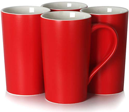 Smilatte M007 Lot de 4 grandes tasses à café unies en céramique avec poignée Rouge 590 ml