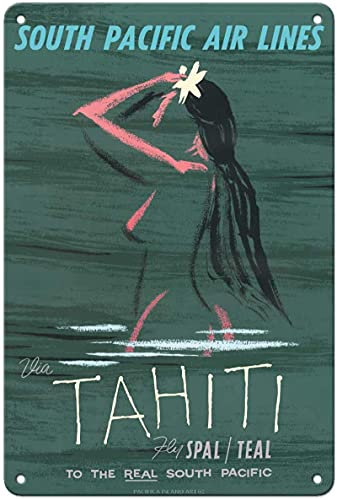 Tahiti – Fly South Pacific Air Lines (SPAL) – Vintage Fluggesellschaft Reise Poster von Arthur Alfred Thompson 1950er Jahre – 20,3 x 30,5 cm Blechschild