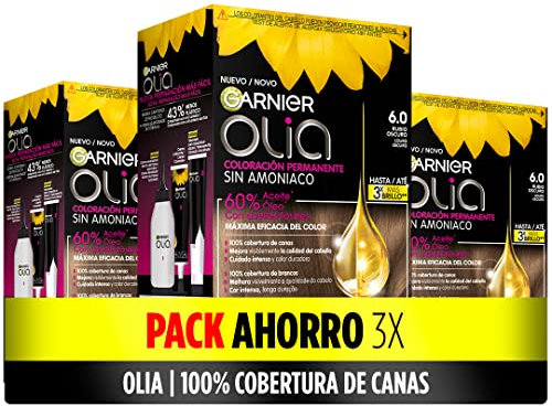 Garnier Olia - Pack de 3 coloración permanente sin amoniaco para un olor agradable con aceites florales de origen natural, color tono 6.0 rubio oscuro