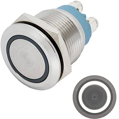 Lumonic pulsador de acero inoxidable plano de 19mm de diámetro I Con un LED anular en blanco frío Dimensiones: borne de tornillo 250V 3A I Antivandáli
