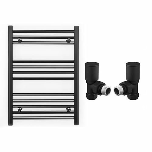 Myhomeware 500mm Wide Straight Black Heated Bathroom Towel Rail Radiator With Valves For Central Heating UK (With Black Angled Valves, 500 x 700mm (h))
