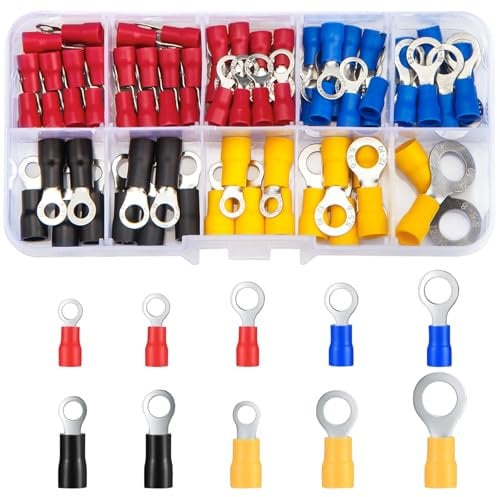 Vwoqiy 102 Piezas Kit de Conectores de Ojo, Surtidos Terminales Aislados de Crimpado Eléctricos Kit, Conectores de Cables Macho y Hembra Forma Redonda Wire Crimp Connectores (cuatricromía 102)