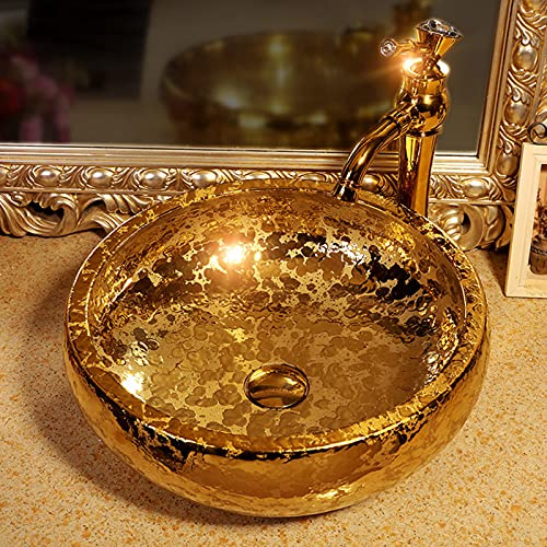 Gold Vessel Waschbecken Schüssel Luxus Gold glasierte Keramik Waschtischplatte Waschbecken für Toilette Badezimmer Bar Durchmesser 41 cm Größe