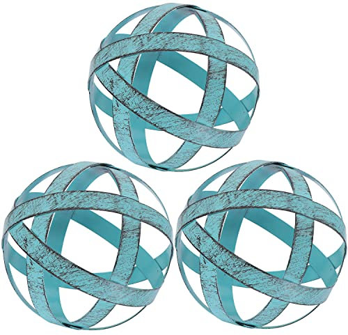 Kesywale 3.3 Inch Decorative Spheres Set of 3, Metal Band Decorative Balls Orbs Metal Spheres Home Decor Accents Dining Table Centerpieces for Living Room Bedroom Kitchen Office Coffee Table (Blue)
