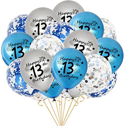 13. Geburtstag Luftballons, 20 Stück Blau Silber Happy 13. Geburtstag Latex Konfetti Ballon Bänder für Jungen Offizielle Teenager 13 Jahr Geburtstags Deko 12 Zoll (Blau)