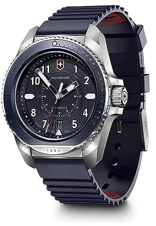Victorinox Herren Armbanduhr Journey 1884 Ø 43 mm, Swiss Made, Analog Quarz, Wasserdicht bis 200 m, Kautschuk-Armband, Blau