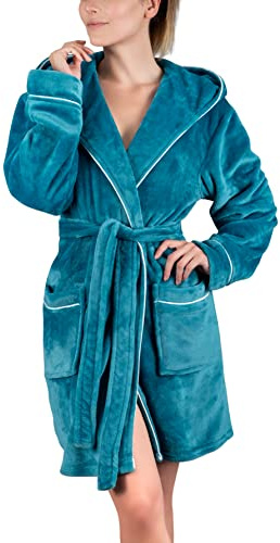 Gräfenstayn Bademantel Damen flauschig mit Kapuze - Kuschelfleece - Öko-Tex Standard 100 - Morgenmantel leicht & kurz - Größe (L, Türkis)