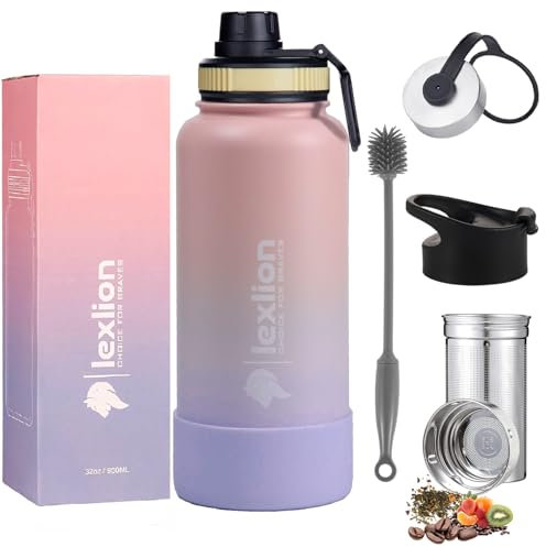 Lexlion Tea Infuser Bottle - Fruit Infuser Water Bottle 32 Oz, Triple Walled Insulated Stainless Steel, Thermal Leaf Infusion, Silicone Sleeve, 3 Lids Leakproof, Metal Mug Gallon