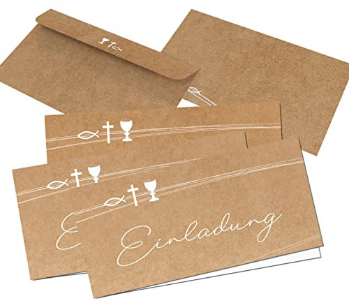 Logbuch-Verlag 10 Einladungskarten Taufe Kommunion Konfirmation - Einladung Karten mit Umschlag Kraftpapieroptik Kelch Kreuz Fisch DIN lang